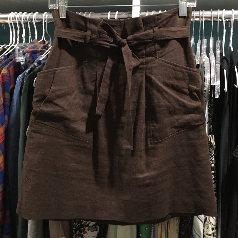 BCBGMaxAzria Brown High-Waist Tie Linen Skirt